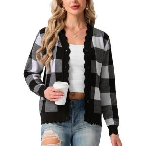 imageGRECERELLE Womens Long Sleeve VNeck Button Down Cardigan Knit Shrugs SweaterBlack Plaid