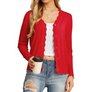 imageGRECERELLE Womens Long Sleeve VNeck Button Down Cardigan Knit Shrugs SweaterRed