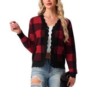 imageGRECERELLE Womens Long Sleeve VNeck Button Down Cardigan Knit Shrugs SweaterRed Plaid