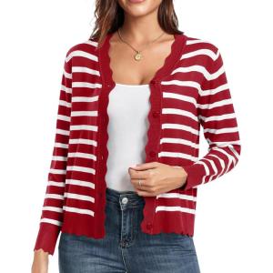 imageGRECERELLE Womens Long Sleeve VNeck Button Down Cardigan Knit Shrugs SweaterRed White Striped