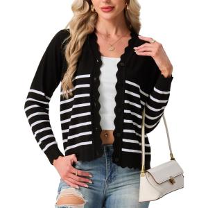 imageGRECERELLE Womens Long Sleeve VNeck Button Down Cardigan Knit Shrugs SweaterStriped Black White