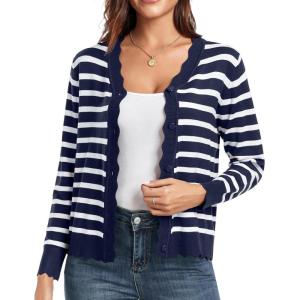 imageGRECERELLE Womens Long Sleeve VNeck Button Down Cardigan Knit Shrugs SweaterWhite Navy Striped