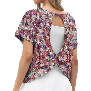 imageGRECERELLE Womens Open Back Workout Tops Backless Athletic Shirts Casual Crop Running Tee Y2k YogaBlack Color Hibiscus