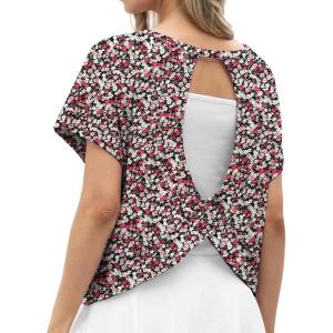 imageGRECERELLE Womens Open Back Workout Tops Backless Athletic Shirts Casual Crop Running Tee Y2k YogaBlack Red Floral