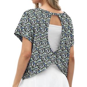 imageGRECERELLE Womens Open Back Workout Tops Backless Athletic Shirts Casual Crop Running Tee Y2k YogaBlack White Rose