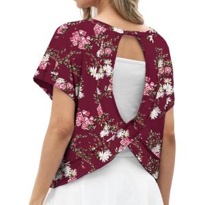 imageGRECERELLE Womens Open Back Workout Tops Backless Athletic Shirts Casual Crop Running Tee Y2k YogaLagerstroemia Wine