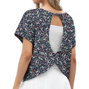 imageGRECERELLE Womens Open Back Workout Tops Backless Athletic Shirts Casual Crop Running Tee Y2k YogaNavy White Flower