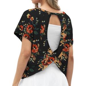 imageGRECERELLE Womens Open Back Workout Tops Backless Athletic Shirts Casual Crop Running Tee Y2k YogaRed Brown Black