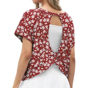 imageGRECERELLE Womens Open Back Workout Tops Backless Athletic Shirts Casual Crop Running Tee Y2k YogaRed Sunflower