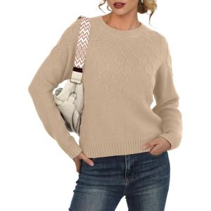 imageGRECERELLE Womens Pullover Sweater Chunky Crew Neck Long Sleeve Losse Casual Knit Tops Blouse S2XLApricot