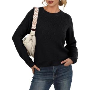 imageGRECERELLE Womens Pullover Sweater Chunky Crew Neck Long Sleeve Losse Casual Knit Tops Blouse S2XLBlack