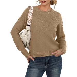 imageGRECERELLE Womens Pullover Sweater Chunky Crew Neck Long Sleeve Losse Casual Knit Tops Blouse S2XLKhaki