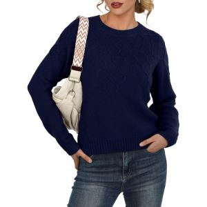 imageGRECERELLE Womens Pullover Sweater Chunky Crew Neck Long Sleeve Losse Casual Knit Tops Blouse S2XLNavy Blue