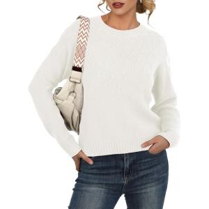 imageGRECERELLE Womens Pullover Sweater Chunky Crew Neck Long Sleeve Losse Casual Knit Tops Blouse S2XLWhite