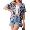 imageGRECERELLE Womens Summer Short Sleeve Lightweight Cardigan Open Front Casual Cover Up with Pockets for Office BeachDark Blue Palm Leaf