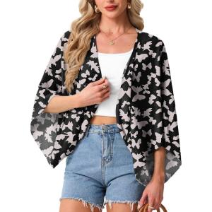 imageGRECERELLE Womens Summer Lightweight Cardigan Open Front Casual Loose Cropped Kimono Cover UpsBlack Butterfly