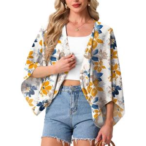 imageGRECERELLE Womens Summer Lightweight Cardigan Open Front Casual Loose Cropped Kimono Cover UpsWhite Ink Daffodil