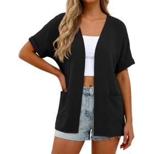 imageGRECERELLE Womens Summer Short Sleeve Lightweight Cardigan Open Front Casual Cover Up with Pockets for Office BeachAblack