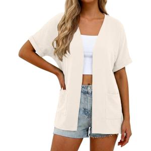 imageGRECERELLE Womens Summer Short Sleeve Lightweight Cardigan Open Front Casual Cover Up with Pockets for Office BeachAivory White