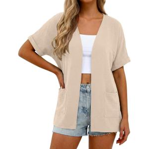 imageGRECERELLE Womens Summer Short Sleeve Lightweight Cardigan Open Front Casual Cover Up with Pockets for Office BeachApricot