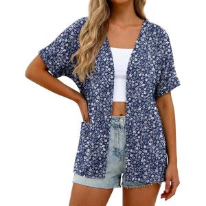 imageGRECERELLE Womens Summer Short Sleeve Lightweight Cardigan Open Front Casual Cover Up with Pockets for Office BeachBlue Small Flower