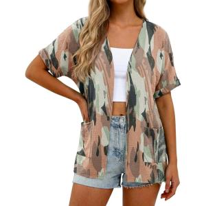 imageGRECERELLE Womens Summer Short Sleeve Lightweight Cardigan Open Front Casual Cover Up with Pockets for Office BeachCamou Green Pink