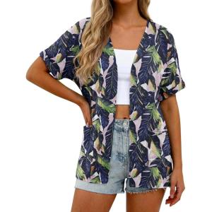 imageGRECERELLE Womens Summer Short Sleeve Lightweight Cardigan Open Front Casual Cover Up with Pockets for Office BeachColorful Banana Leaf