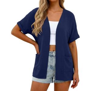 imageGRECERELLE Womens Summer Short Sleeve Lightweight Cardigan Open Front Casual Cover Up with Pockets for Office BeachDark Blue