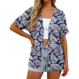 imageGRECERELLE Womens Summer Short Sleeve Lightweight Cardigan Open Front Casual Cover Up with Pockets for Office BeachDark Blue Palm Leaf