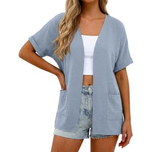 imageGRECERELLE Womens Summer Short Sleeve Lightweight Cardigan Open Front Casual Cover Up with Pockets for Office BeachHaze Blue