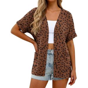 imageGRECERELLE Womens Summer Short Sleeve Lightweight Cardigan Open Front Casual Cover Up with Pockets for Office BeachLeopard Print Coffee