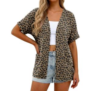 imageGRECERELLE Womens Summer Short Sleeve Lightweight Cardigan Open Front Casual Cover Up with Pockets for Office BeachLeopard Print Dark Khaki