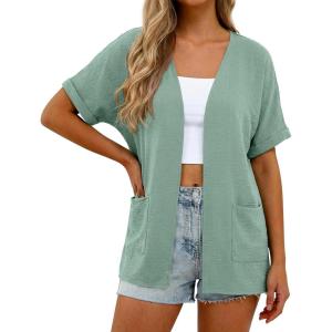 imageGRECERELLE Womens Summer Short Sleeve Lightweight Cardigan Open Front Casual Cover Up with Pockets for Office BeachMint Green