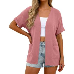 imageGRECERELLE Womens Summer Short Sleeve Lightweight Cardigan Open Front Casual Cover Up with Pockets for Office BeachPeach Pink
