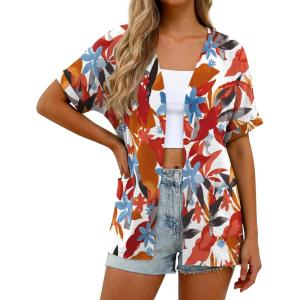 imageGRECERELLE Womens Summer Short Sleeve Lightweight Cardigan Open Front Casual Cover Up with Pockets for Office BeachWhite Maple