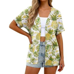 imageGRECERELLE Womens Summer Short Sleeve Lightweight Cardigan Open Front Casual Cover Up with Pockets for Office BeachWhite Pineapple