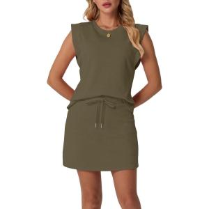 imageGRECERELLE 2026 Womens Summer 2 Piece Skort Set Cap Sleeve Round Neck Top amp Tennis Skirt with Pockets for Athletic amp CasualArmy Green