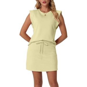 imageGRECERELLE 2026 Womens Summer 2 Piece Skort Set Cap Sleeve Round Neck Top amp Tennis Skirt with Pockets for Athletic amp CasualButter Yellow