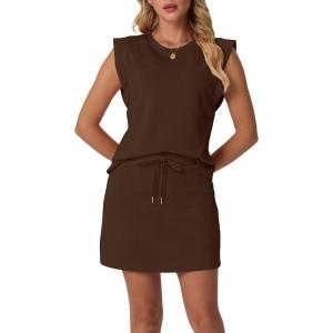 imageGRECERELLE 2026 Womens Summer 2 Piece Skort Set Cap Sleeve Round Neck Top amp Tennis Skirt with Pockets for Athletic amp CasualDark Coffee