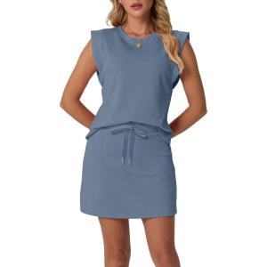 imageGRECERELLE 2026 Womens Summer 2 Piece Skort Set Cap Sleeve Round Neck Top amp Tennis Skirt with Pockets for Athletic amp CasualDenim Blue