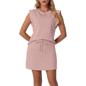 imageGRECERELLE 2026 Womens Summer 2 Piece Skort Set Cap Sleeve Round Neck Top amp Tennis Skirt with Pockets for Athletic amp CasualRose Pink