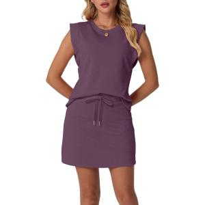 imageGRECERELLE 2026 Womens Summer 2 Piece Skort Set Cap Sleeve Round Neck Top amp Tennis Skirt with Pockets for Athletic amp CasualRosewood