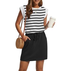 imageGRECERELLE 2026 Womens Summer Dresses Round Neck Sleeveless Tie Waist Casual Mini Sundresses with PocketsWhite Black Stripe