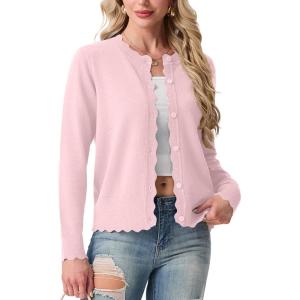 imageGRECERELLE Cardigan Sweaters for Women Lightweight Crewneck Button Down Soft Knit Dressy Cardigans 2026Pink White