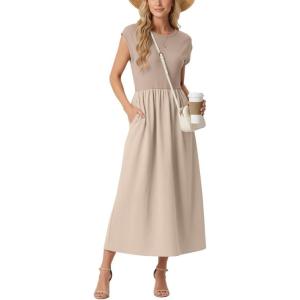 imageGRECERELLE Womens 2026 Spring amp Summer Cap Sleeve Vacation Casual A Line Maxi Dresses with PocketsGray Khaki