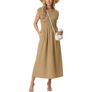 imageGRECERELLE Womens 2026 Spring amp Summer Cap Sleeve Vacation Casual A Line Maxi Dresses with PocketsKhaki