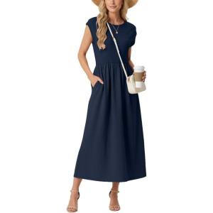 imageGRECERELLE Womens 2026 Spring amp Summer Cap Sleeve Vacation Casual A Line Maxi Dresses with PocketsNavy Blue