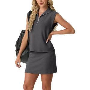 imageGRECERELLE Womens 2026 Summer 2 Piece Skort Sets Cap Sleeve Zip Collared Top Matching Tennis Skirt with Pockets for AthleticDark Gray