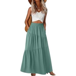 imageGRECERELLE Womens Boho Maxi Skirt Elastic High Waist Tiered ALine Casual Summer Flowy Asymmetric Long Skirts with PocketsAqua Sea