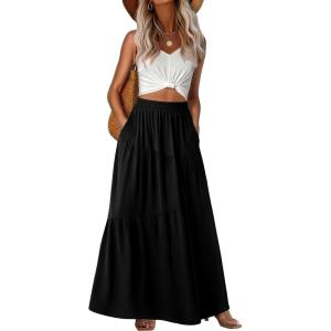 imageGRECERELLE Womens Boho Maxi Skirt Elastic High Waist Tiered ALine Casual Summer Flowy Asymmetric Long Skirts with PocketsBlack